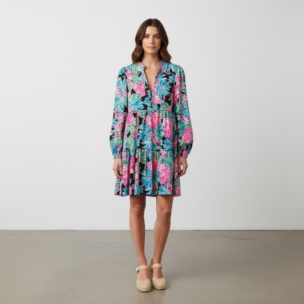 Lilly Pulitzer Winona Stretch Jaguar Jungle Long Sleeve Floral Swing Dress - Picture 2 of 6